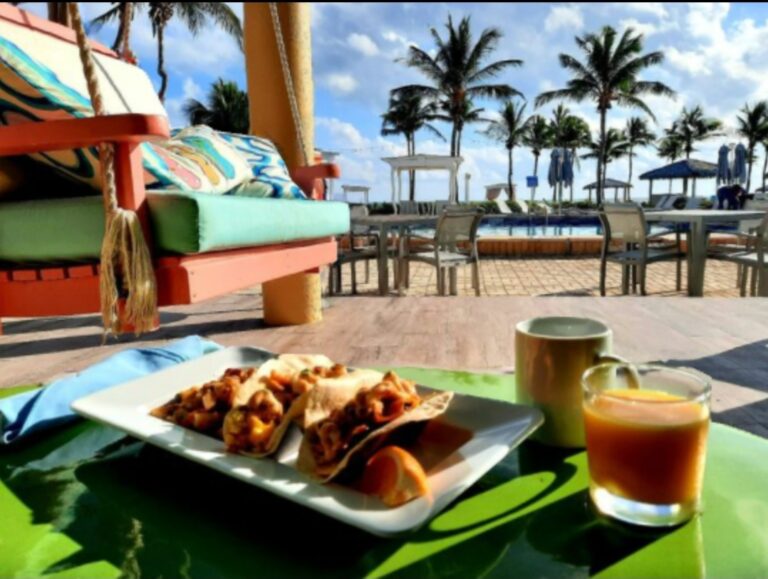 Breakfast tacos by the pool at Driftwood Bar and Grill.