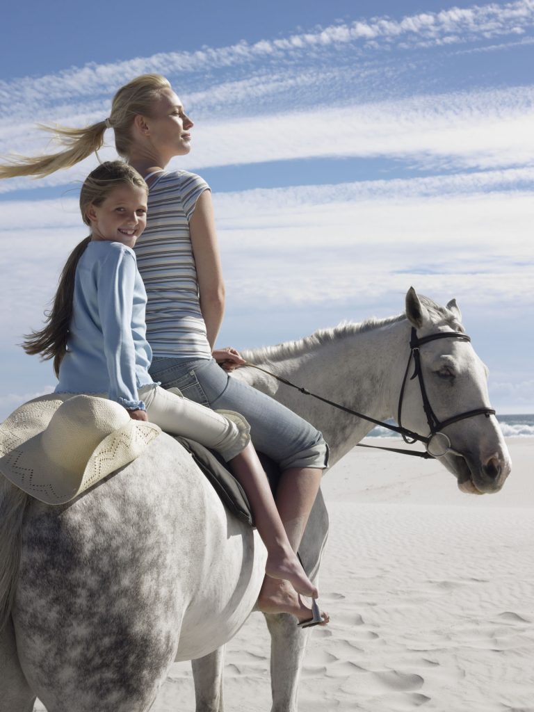 A woman and her daughter on horseback at the beach.